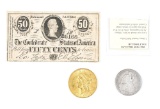 LOT OF 3: 20 DOLLAR 1857 LIBERTY GOLD PIECE, 1861 SILVER HALF DOLLAR, CS T-72