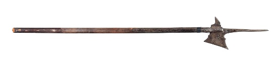 GERMAN STYLE HALBERD WITH PUNCHED DECORATIONS AND A DEEPLY STRUCK ARMORER'S MARK.