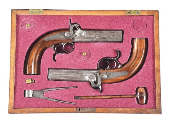 (A) PAIR OF HIGHLY UNUSUAL GERMAN OVER/UNDER SASH PISTOLS BY RAITHEL, WITH A RIFLED BARREL AND A SMO