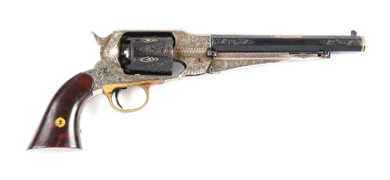 (A) ENGRAVED ITALIAN UBERTI REMINGTON 1858 .44 PERCUSSION REVOLVER WITH POWDER FLASK AND CASE.