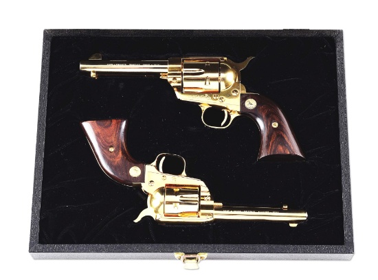 (C) CASED PAIR OF GOLD PLATED CHERRY'S SPORTING GOODS 35TH ANNIVERSARY COLT FRONTIER SCOUT & SINGLE