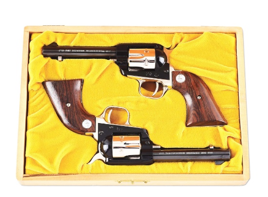 (C) CASED SEQUENTIAL PAIR OF COLT SINGLE ACTION ARMY FRONTIER SCOUT FORT STEPHESON SESQUICENTENNIAL
