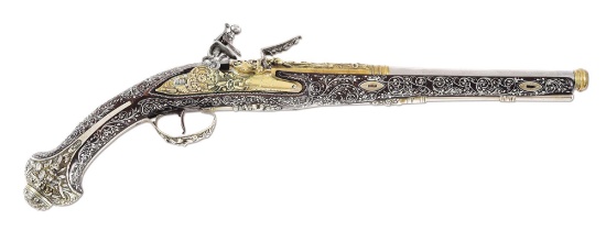 (A) A FRENCH FLINTLOCK PISTOL MARKED LOUIS LAMOTTE, WITH EXTENSIVE BRASS DECORATIONS AND SILVER INLA