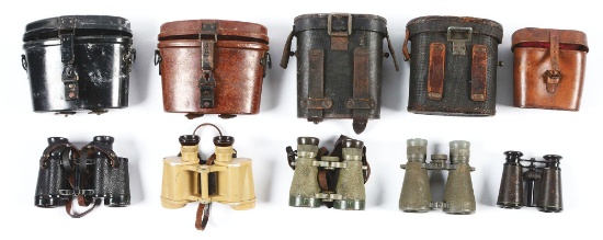 LOT OF 5: GERMAN WWI AND WWII CASED BINOCULARS.