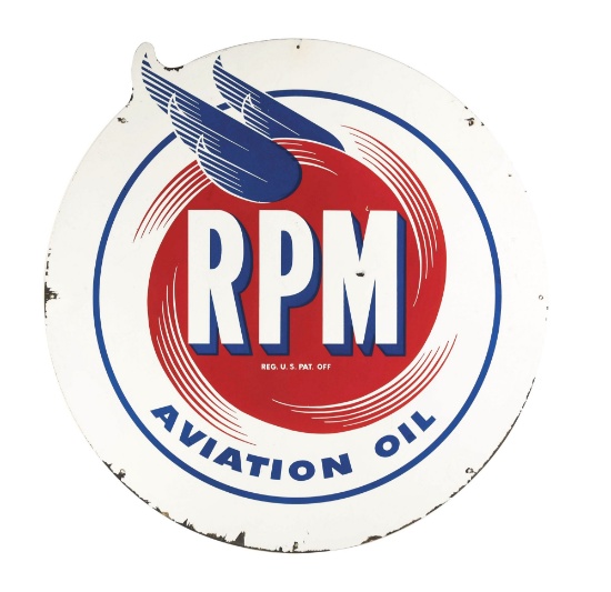 RARE RPM AVIATION OILS DIE CUT PORCELAIN SERVICE STATION SIGN.