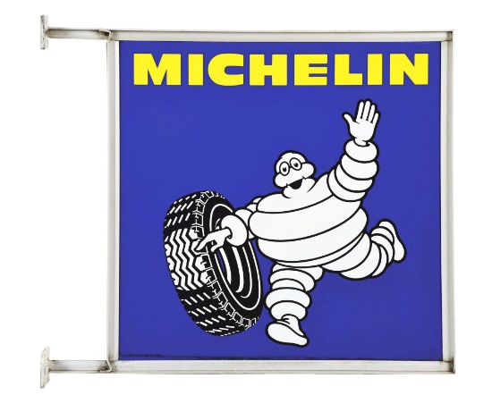 MICHELIN TIRES PORCELAIN SERVICE STATION SIGN W/ ORIGINAL METAL HANGING BRACKET.