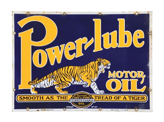 POWER-LUBE MOTOR OIL PORCELAIN SERVICE STATION SIGN W/ TIGER GRAPHIC.