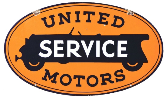 UNITED MOTORS SERVICE PORCELAIN SIGN W/ AUTOMOBILE GRAPHIC.