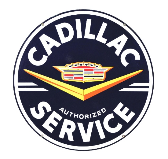 OUTSTANDING & RARE CADILLAC AUTHORIZED SERVICE PORCELAIN SIGN W/ CREST & DEEP V GRAPHIC.