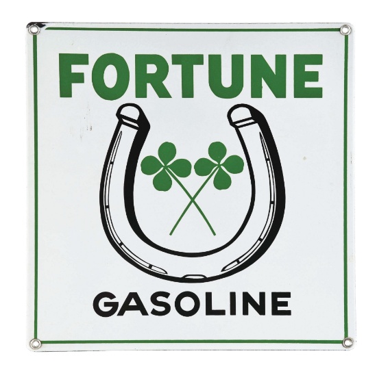 FORTUNE GASOLINE PORCELAIN PUMP PLATE W/ HORSESHOE & FOUR LEAF CLOVER GRAPHIC.