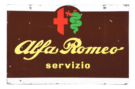 ALFA ROMEO SERVIZIO PORCELAIN SIGN W/ CREST GRAPHIC AND COOKIE CUTTER EDGE.