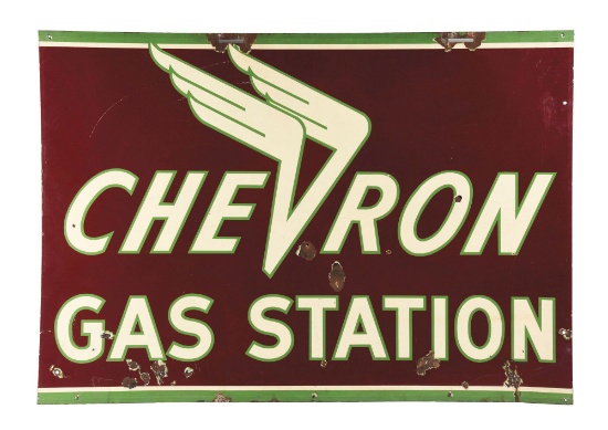 CHEVRON GAS STATION LARGE PORCELAIN SERVICE STATION SIGN W/ WING GRAPHIC.