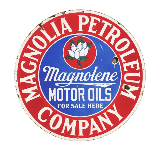 MAGNOLIA MAGNOLENE MOTOR OILS FOR SALE HERE PORCELAIN SERVICE STATION SIGN.