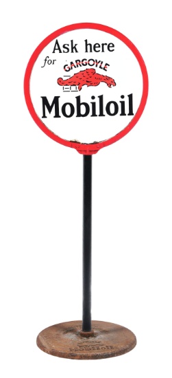 ASK HERE FOR MOBILOIL PORCELAIN LOLLIPOP SIGN W/ ORIGINAL CAST IRON BASE.
