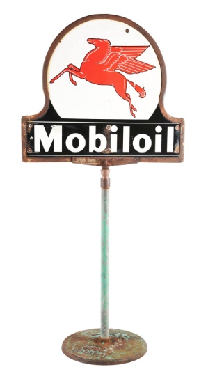 MOBILOIL PORCELAIN KEYHOLE LOLLIPOP SIGN WITH PEGASUS GRAPHIC ON MOBILOIL CAST BASE.