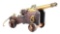 AN ATTRACTIVE, ELABORATELY CAST, BRONZE CANNON ON CARRIAGE.
