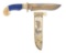 GOLD AND STONE INLAID ZLATOUST HAWK KNIFE WITH SHEATH AND CASE.