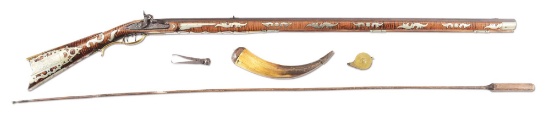 (A) HIGHLY INLAID BEDFORD COUNTY J. SNIDER PERCUSSION KENTUCKY RIFLE WITH ACCESSORIES.