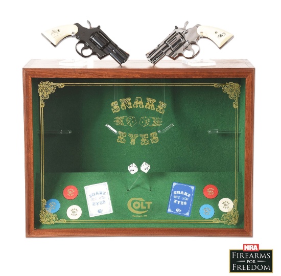 (M) RARE SET OF COLT PYTHON SNAKE EYES DOUBLE ACTION REVOLVERS WITH FACTORY DISPLAY CASE, LETTER AND