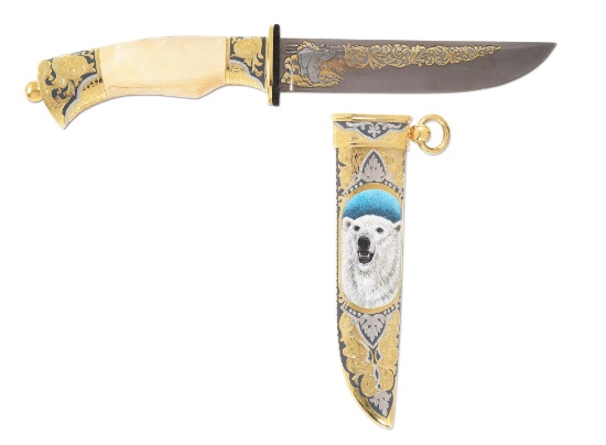 EYE CATCHING ZLATOUST MANUFACTURED POLAR BEAR KNIFE WITH ENAMEL PAINTINGS ON SHEATH.