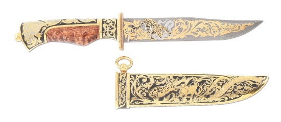 GOLD INLAID ZLATOUST LEOPARD KNIFE WITH SHEATH AND CASE.