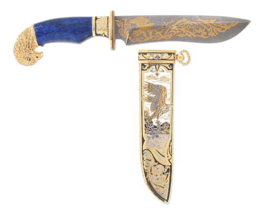 GOLD AND STONE INLAID ZLATOUST HAWK KNIFE WITH SHEATH AND CASE.