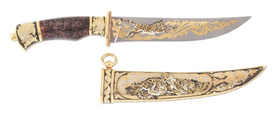 GOLD INLAID ZLATOUST LEOPARD KNIFE WITH SHEATH AND CASE.
