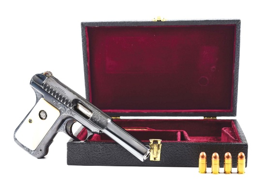 (C) FACTORY ENGRAVED SAVAGE MODEL 1907 SEMI-AUTOMATIC HANDGUN, CASED, WITH PEARL GRIPS, EX-BROWER CO