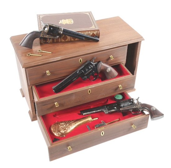 (C) COLT AMERICAN BICENTENNIAL COMMEMORATIVE 3 REVOLVER SET IN DISPLAY CABINET.