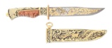 GOLD INLAID ZLATOUST LEOPARD KNIFE WITH SHEATH AND CASE.