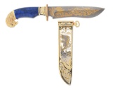 GOLD AND STONE INLAID ZLATOUST HAWK KNIFE WITH SHEATH AND CASE.