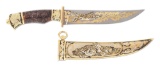 GOLD INLAID ZLATOUST LEOPARD KNIFE WITH SHEATH AND CASE.