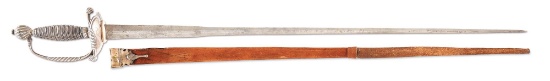 SILVER HILTED ENGLISH SMALL SWORD WITH SCABBARD, MARKED BY RETAILER FAYLE.