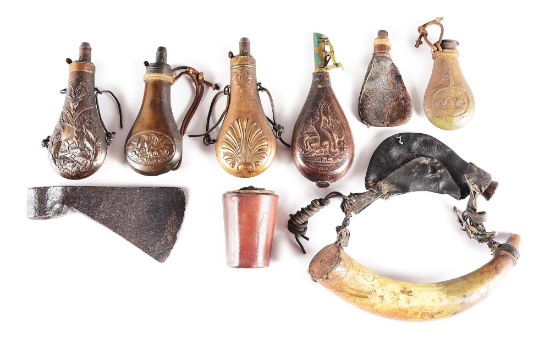 LOT OF 9: POWDER FLASKS, POWDER HORN, AND EARLY AXE HEAD.