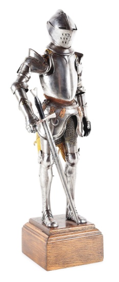 VICTORIAN MINIATURE SUIT OF ARMOR WITH SWORD, IN GERMAN STYLE.