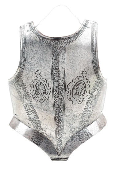 AN ITALIAN BREASTPLATE WITH ETCHING AND DECORATION USED BY THE MEDICI FAMILY.