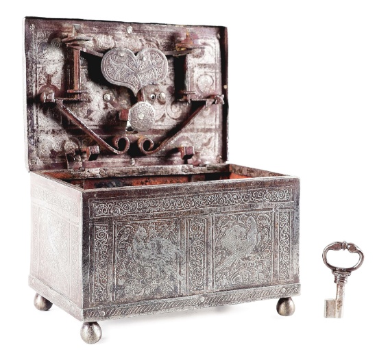WROUGHT IRON NUREMBERG STRONGBOX ETCHED WITH FLORALS AND MYTHICAL AVIANS.