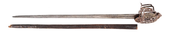 SCOTTISH BASKET HILT SWORD WITH LEATHER SCABBARD.