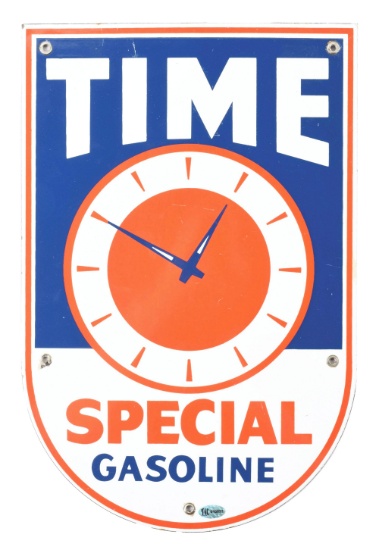 TIME SPECIAL GASOLINE PORCELAIN PUMP PLATE SIGN W/ CLOCK FACE GRAPHIC.