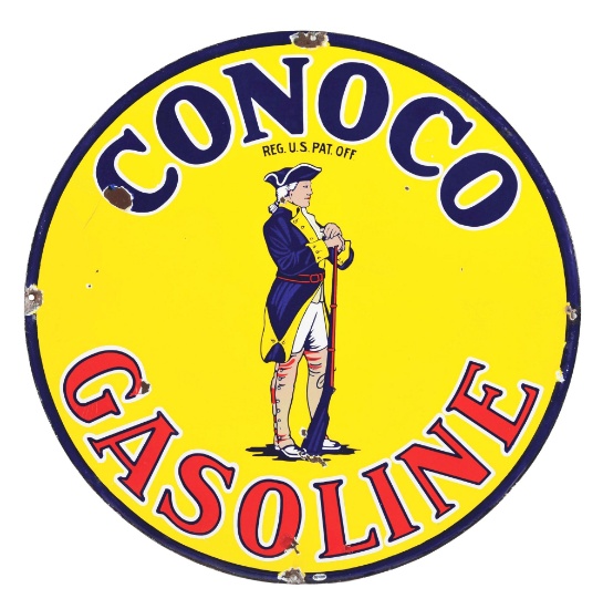 SCARCE CONOCO GASOLINE PORCELAIN SERVICE STATION SIGN W/ MINUTEMAN "RED BARREL" GRAPHIC.