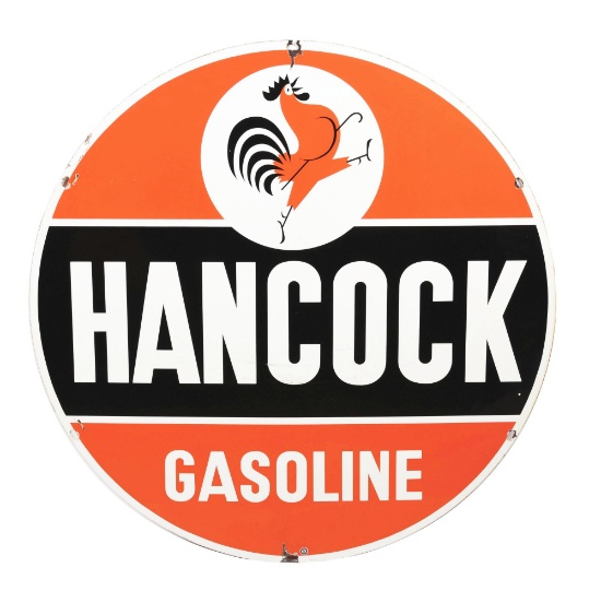 HANCOCK GASOLINE PORCELAIN SERVICE STATION SIGN W/ STRUTTING ROOSTER GRAPHIC.