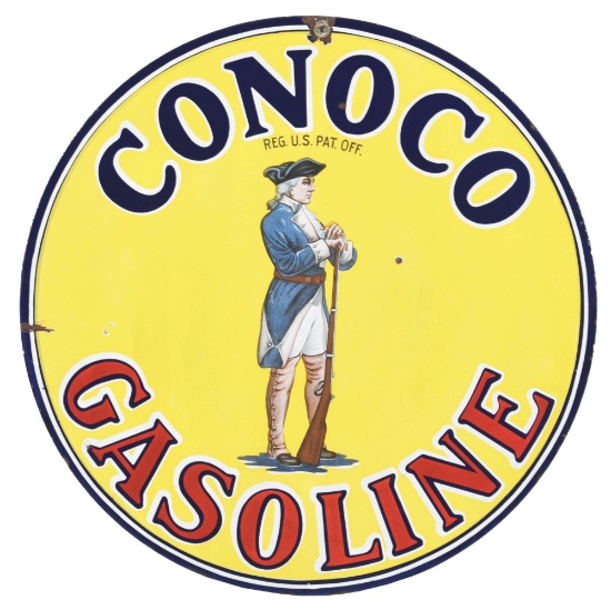 OUTSTANDING & ICONIC CONOCO GASOLINE PORCELAIN SERVICE STATION SIGN W/ MINUTEMAN GRAPHIC.