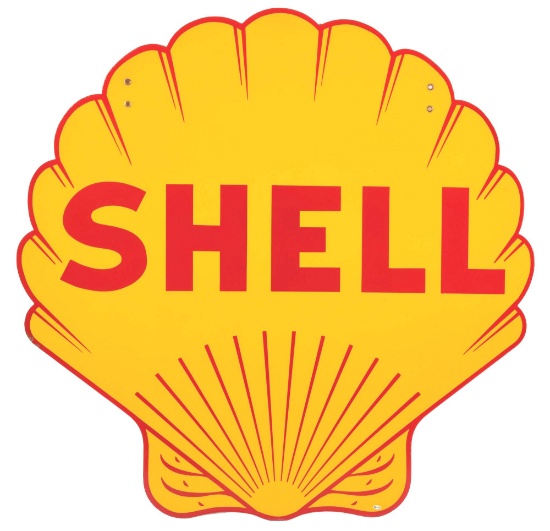 OUTSTANDING SHELL GASOLINE PORCELAIN SERVICE STATION CLAMSHELL SIGN.