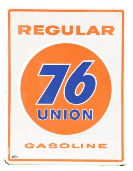 UNION OIL COMPANY 76 GASOLINE EMBOSSED PORCELAIN PUMP PLATE SIGN.