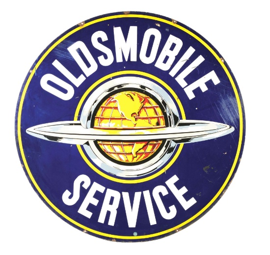 DOUBLE SIDED PORCELAIN OLDSMOBILE SERVICE SIGN.