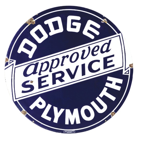 DOUBLE SIDED PORCELAIN DODGE PLYMOTH APPROVED SERVICE SIGN.