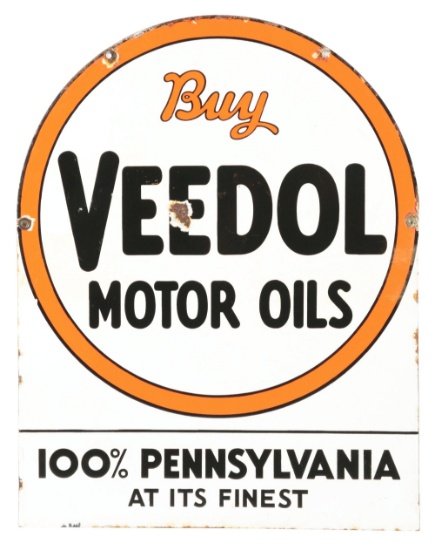 VEEDOL MOTOR OILS PORCELAIN TOMBSTONE SIGN.