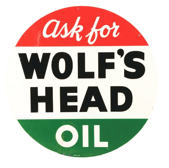 DOUBLE SIDED TIN WOLF'S HEAD OIL LOLLIPOP SIGN.