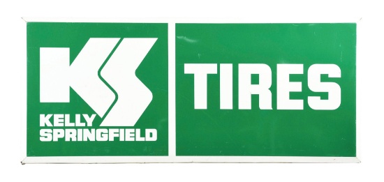 KELLY SPRINGFIELD TIRES TIN SERVICE STATION SIGN W/ COOKIE CUTTER OUTER EDGE.