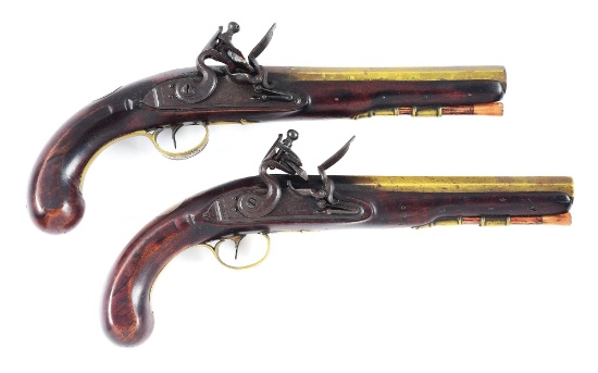 (A) PAIR OF HODGSON & THOMPSON FLINTLOCK PISTOLS WITH BRASS BARRELS MARKED "BALTIMORE".